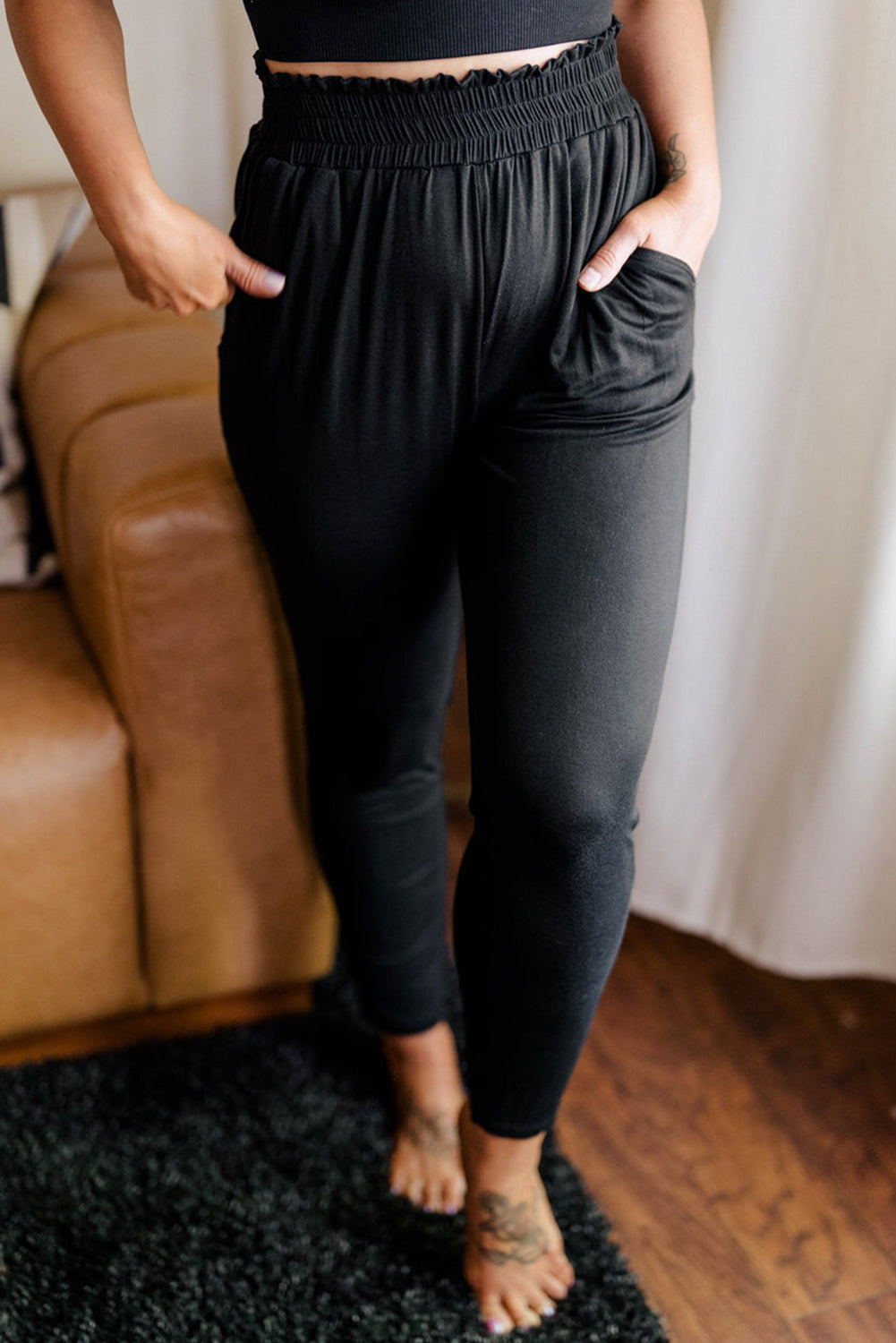 Black Plus Size Frill High Waist Pocketed Soft Pants Black 90%Polyester+10%Elastane Plus Size Bottoms JT's Designer Fashion
