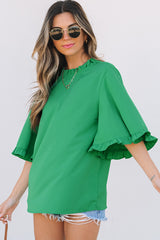 Green Frilly Round Neck Wide Half Sleeve Blouse Blouses & Shirts JT's Designer Fashion