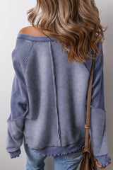 Sail Blue Solid Waffle Knit Patchwork Raglan Sleeve Sweatshirt Sweatshirts & Hoodies JT's Designer Fashion