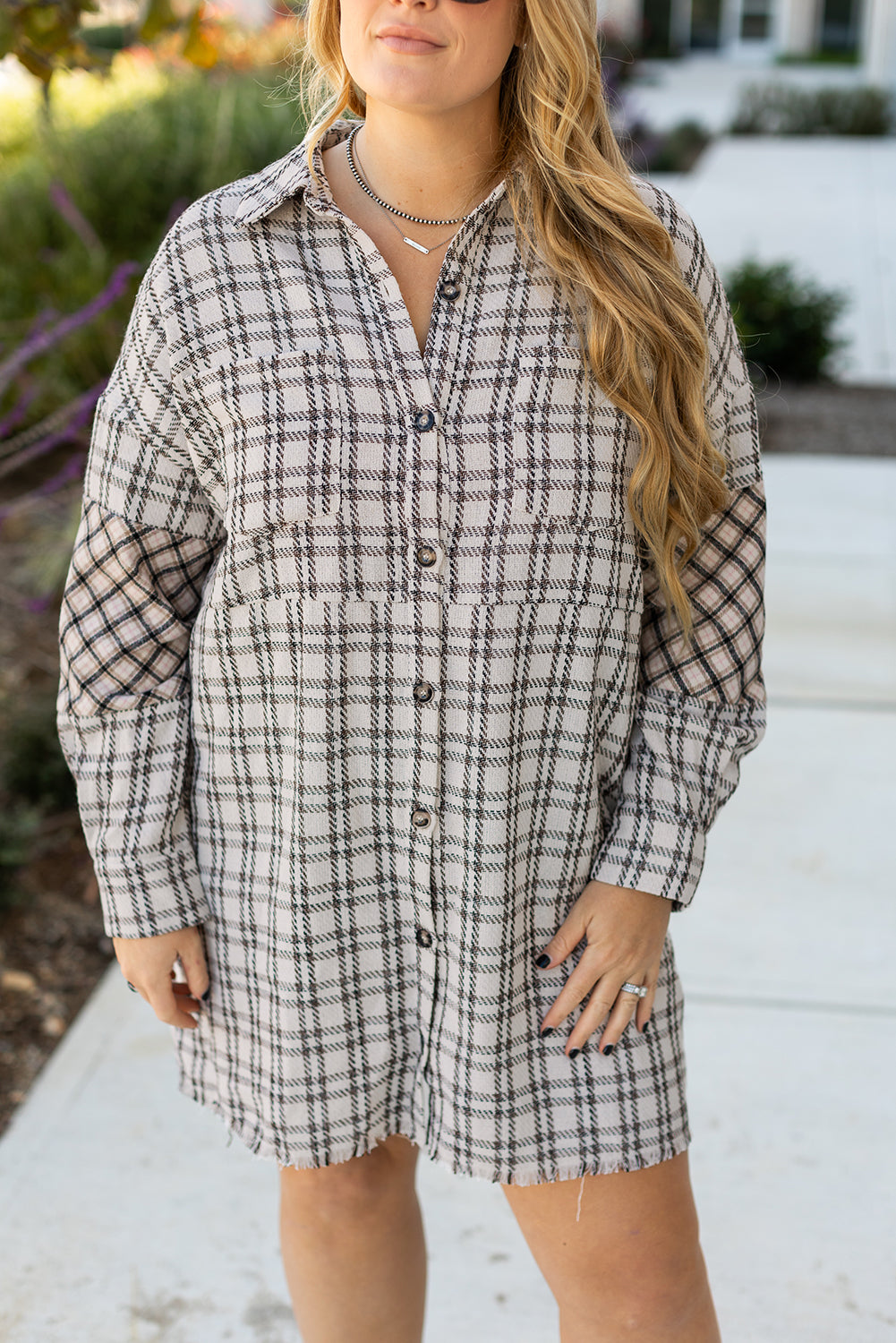 White Stripe Plus Size Plaid Buttoned Raw Hem Tunic Shirt Dress Plus Size Midi Dresses JT's Designer Fashion