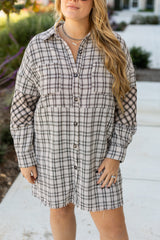 White Stripe Plus Size Plaid Buttoned Raw Hem Tunic Shirt Dress Plus Size Midi Dresses JT's Designer Fashion