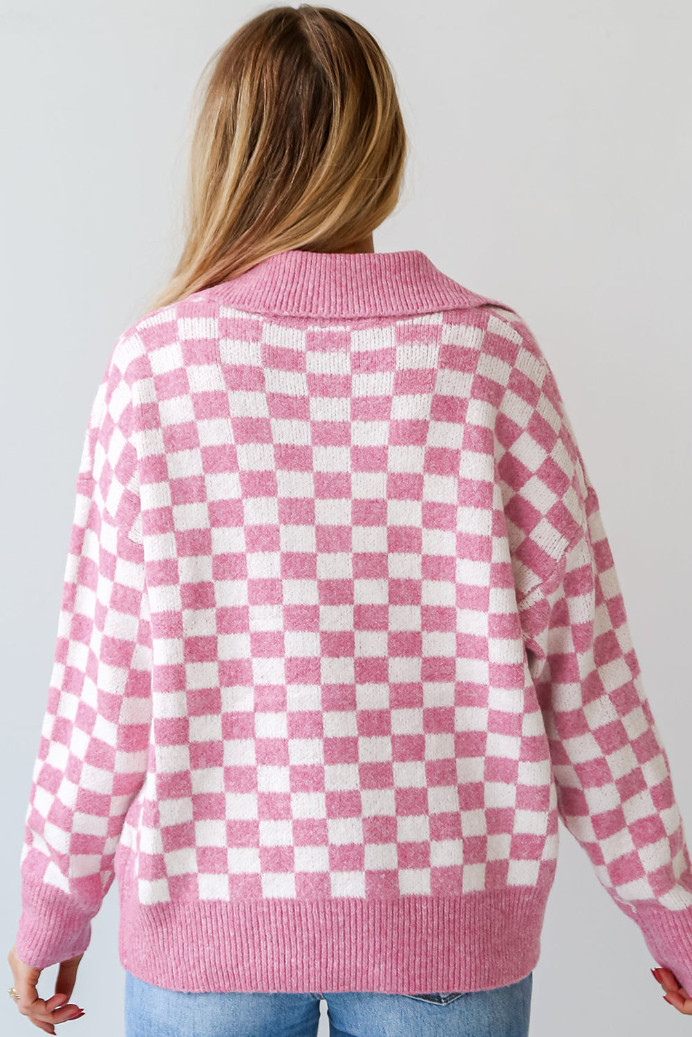 Pink Checkered Buttons Collar V Neck Drop Shoulder Sweater Sweaters JT's Designer Fashion