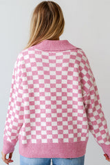 Pink Checkered Buttons Collar V Neck Drop Shoulder Sweater Sweaters JT's Designer Fashion