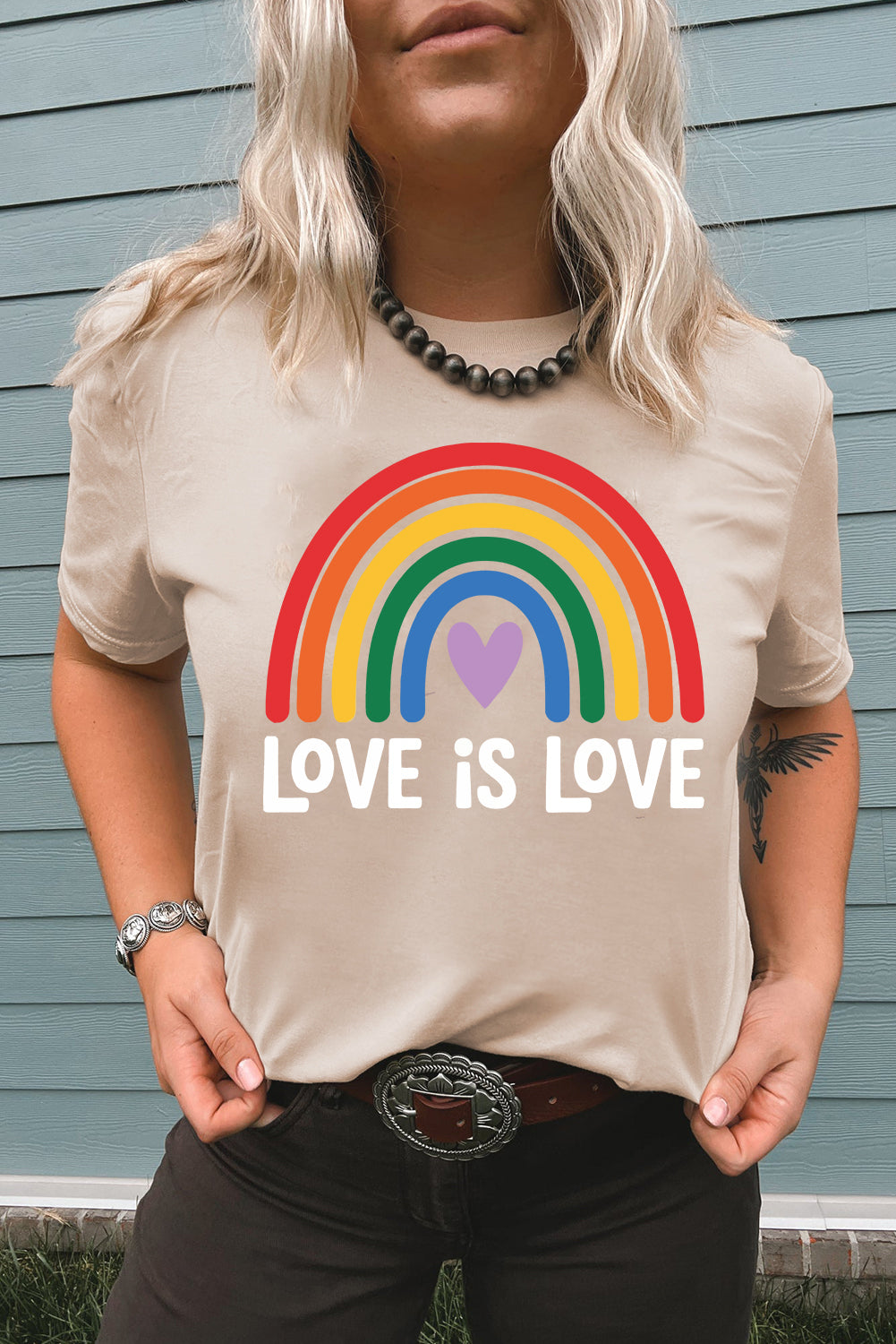 Khaki Love is Love Rainbow Heart Printed Cotton Blend T Shirt Graphic Tees JT's Designer Fashion
