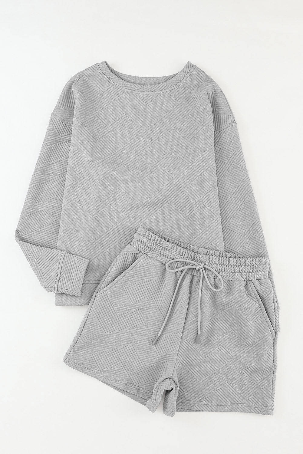 Gray Textured Long Sleeve Top and Drawstring Shorts Set Short Sets JT's Designer Fashion