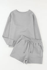 Gray Textured Long Sleeve Top and Drawstring Shorts Set Short Sets JT's Designer Fashion