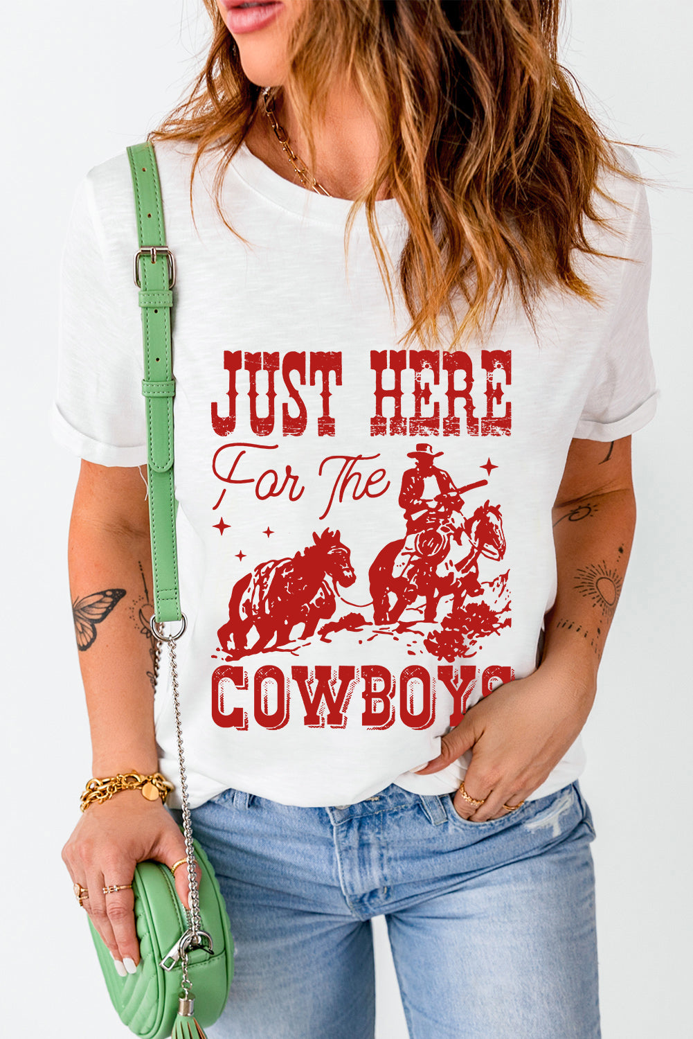 White JUST HERE For THE COWBOY Cuffed Sleeve Crew Neck T Shirt Graphic Tees JT's Designer Fashion