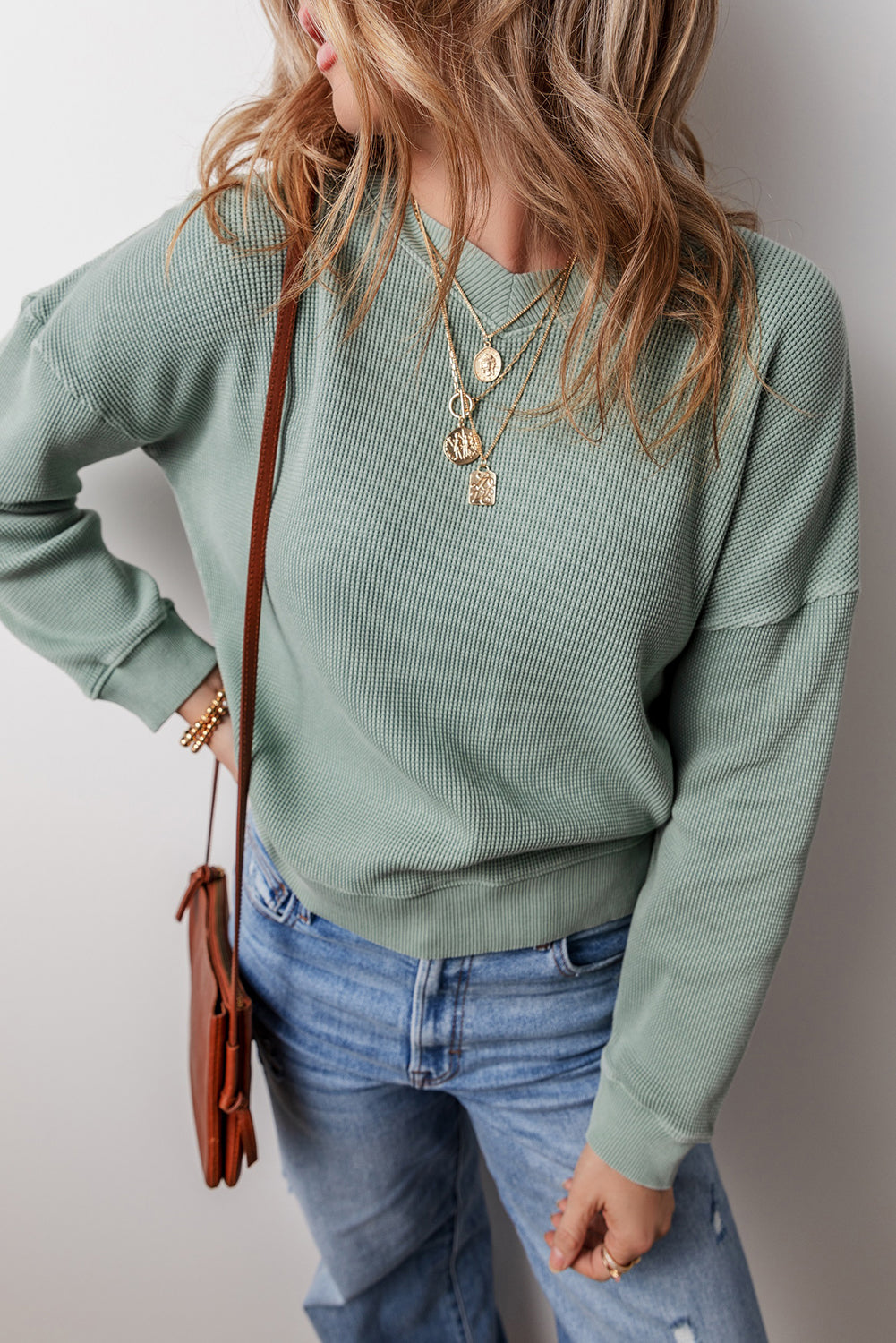 Clearly Aqua Waffle Knit Drop Shoulder V Neck Top Long Sleeve Tops JT's Designer Fashion