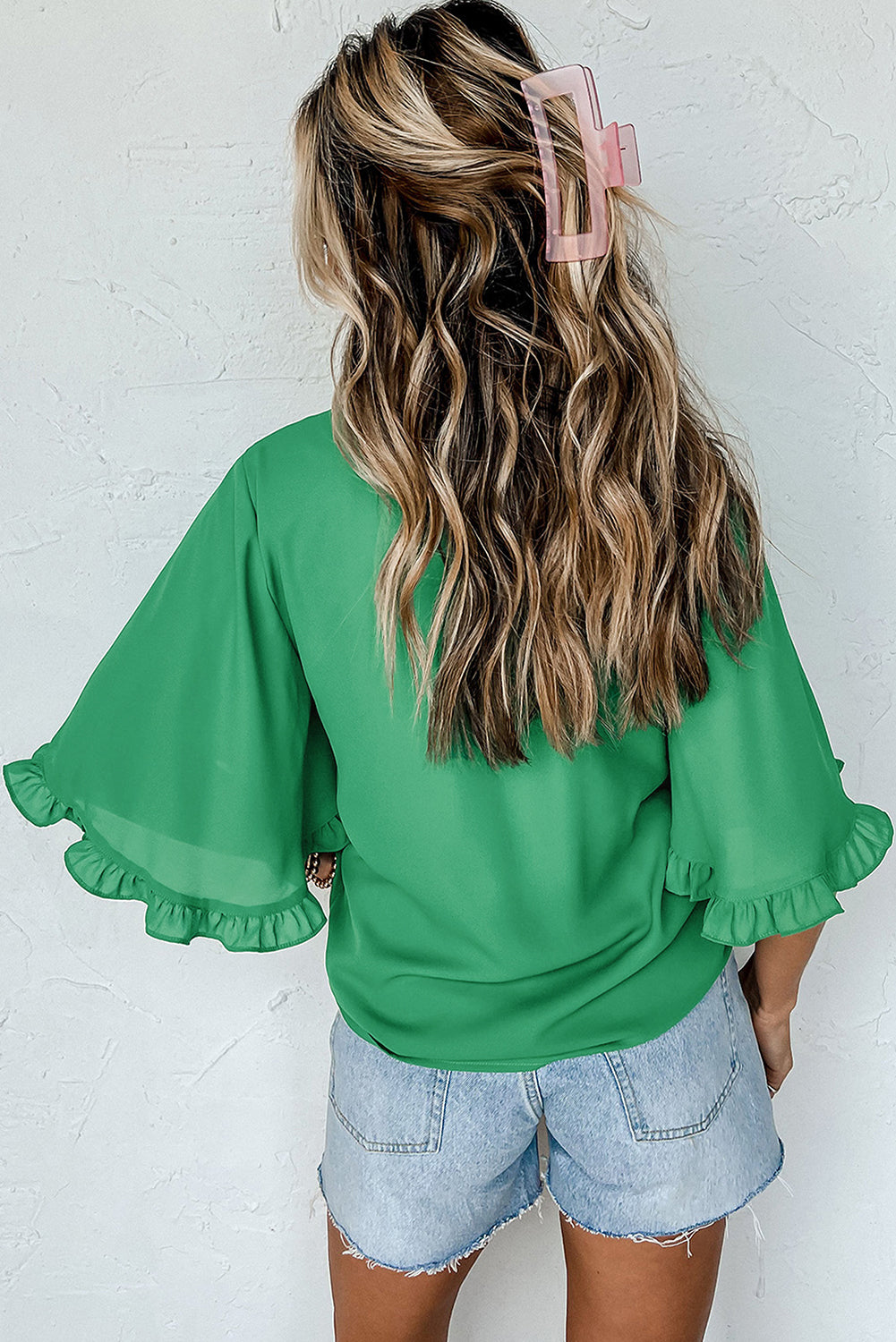 Green Frilly Round Neck Wide Half Sleeve Blouse Blouses & Shirts JT's Designer Fashion