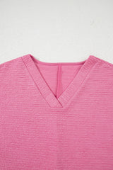 Pink Textured V Neck T Shirt and Shorts Set Short Sets JT's Designer Fashion
