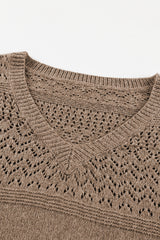 Camel Eyelet Pattern Detail V Neck Drop Shoulder Sweater Sweaters JT's Designer Fashion