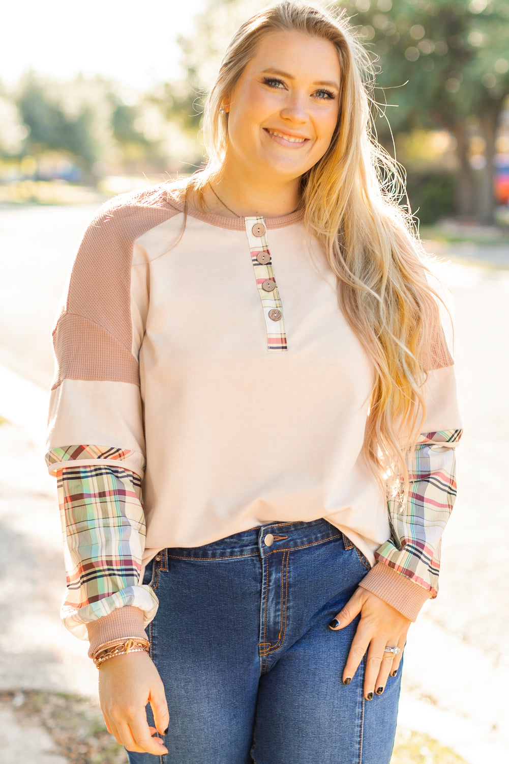 Parchment Plus Size Plaid Patchwork Layered Henley Top Plus Size Long Sleeve Tops JT's Designer Fashion