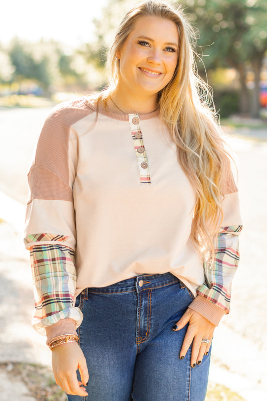 Parchment Plus Size Plaid Patchwork Layered Henley Top Plus Size Long Sleeve Tops JT's Designer Fashion