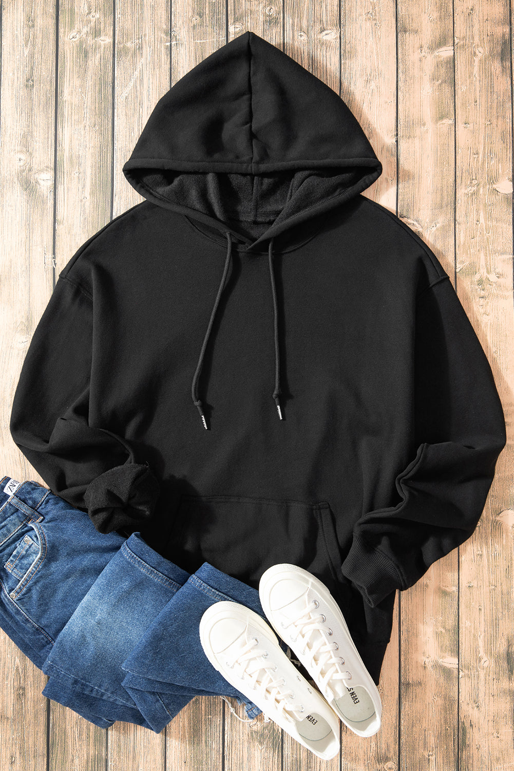 Black Fleece Lined Kangaroo Pocket Drawstring Chunky Hoodie Sweatshirts & Hoodies JT's Designer Fashion