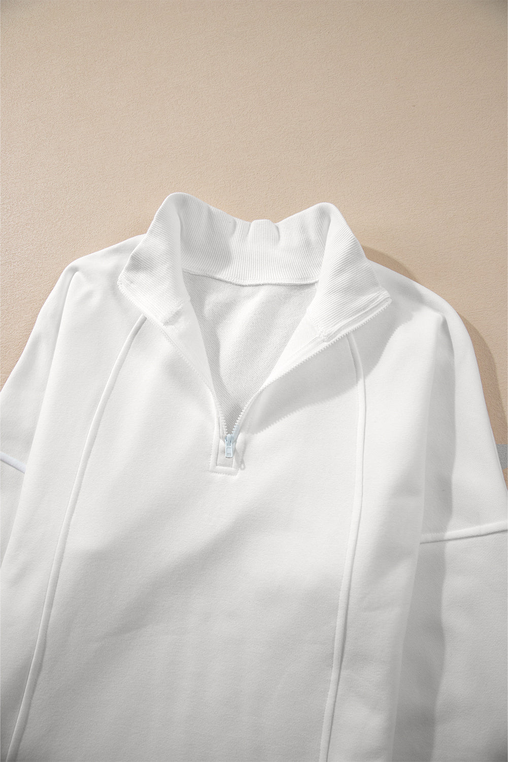 White Zipped Neck Pullover Drop Shoulder Sweatshirt Sweatshirts & Hoodies JT's Designer Fashion