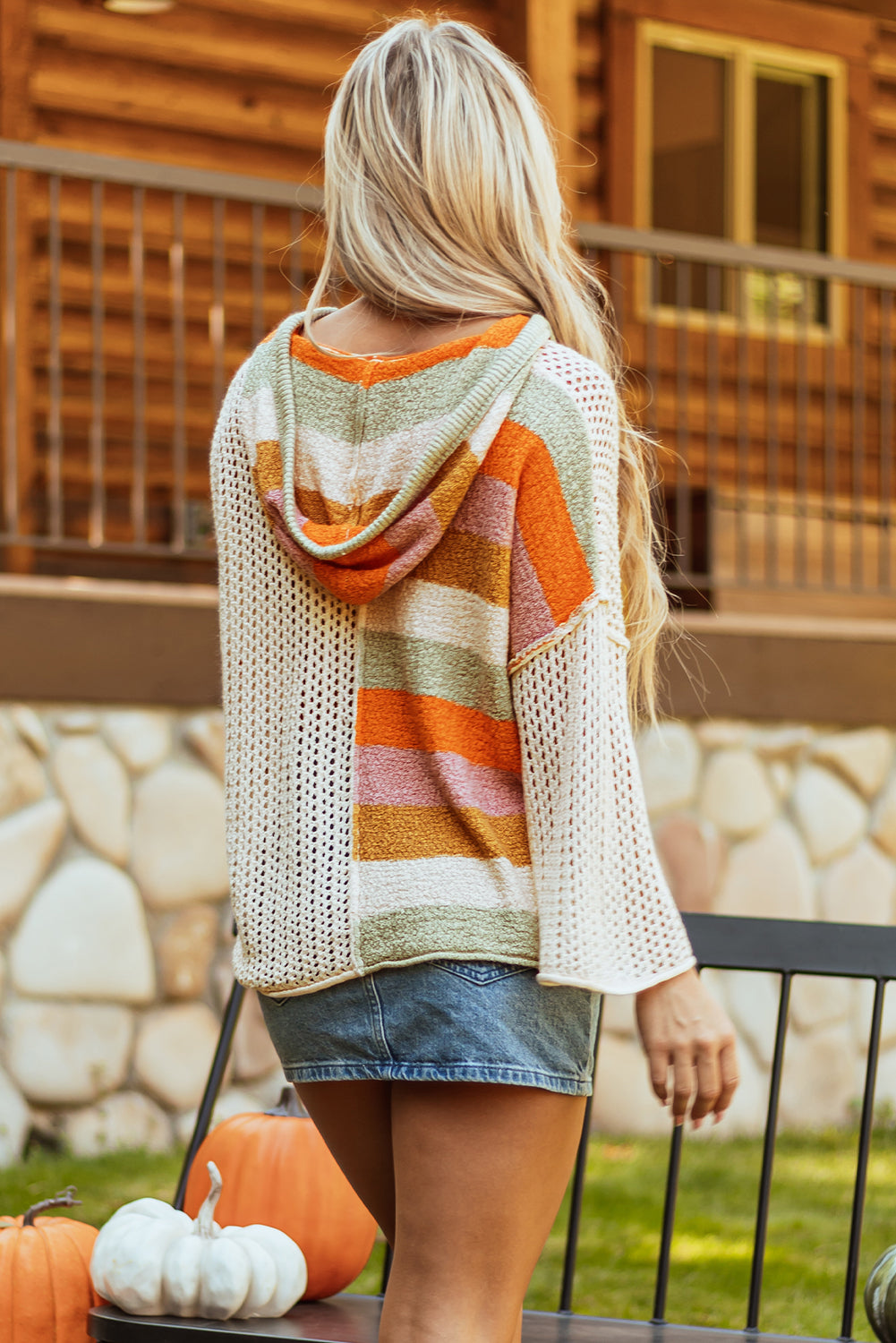 DEAR-LOVER Beige Oversized Colorblock V Neck Hooded Sweater Sweaters JT's Designer Fashion