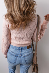 Gossamer Pink Openwork Plaid Puff Sleeve Cropped Sweater Sweaters JT's Designer Fashion