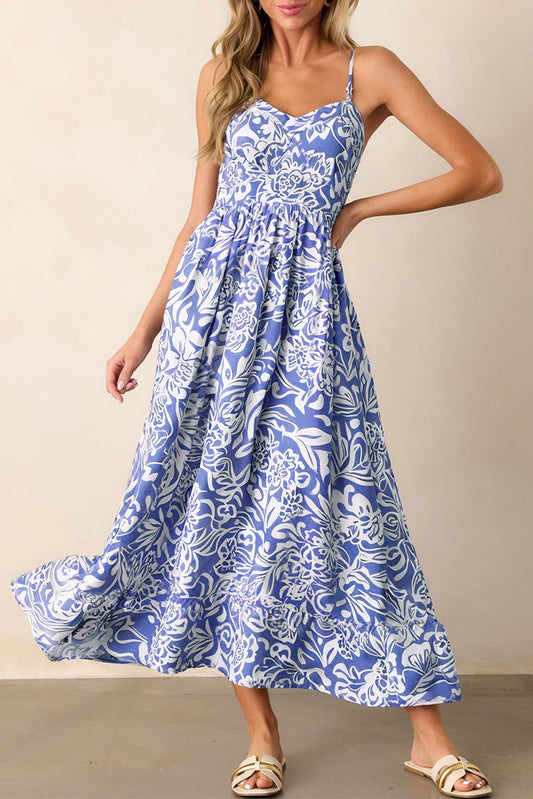 Sky Blue Floral Print Spaghetti Strap High Waist Maxi Dress Sky Blue 100%Polyester Floral Dresses JT's Designer Fashion