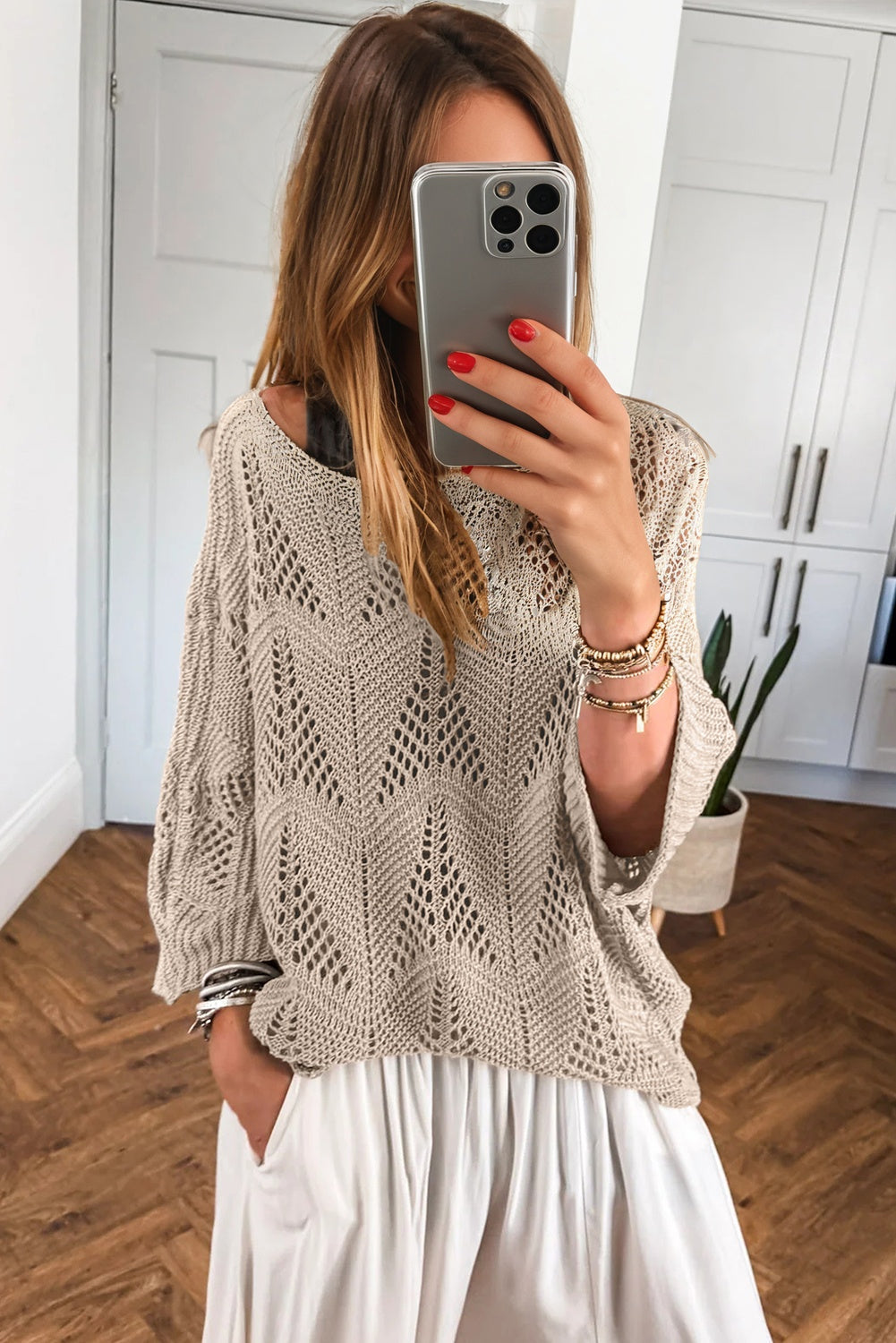 Parchment Hollow Out Knit 7/8 Sleeve Casual Sweater Sweaters JT's Designer Fashion