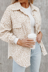 Beige Leopard Print Flap Pockets Buttoned Corduroy Shacket Jackets JT's Designer Fashion