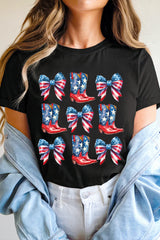 Black Stars and Stripes Bowknot Cowgirl Boots Graphic Patriotic Tee Graphic Tees JT's Designer Fashion