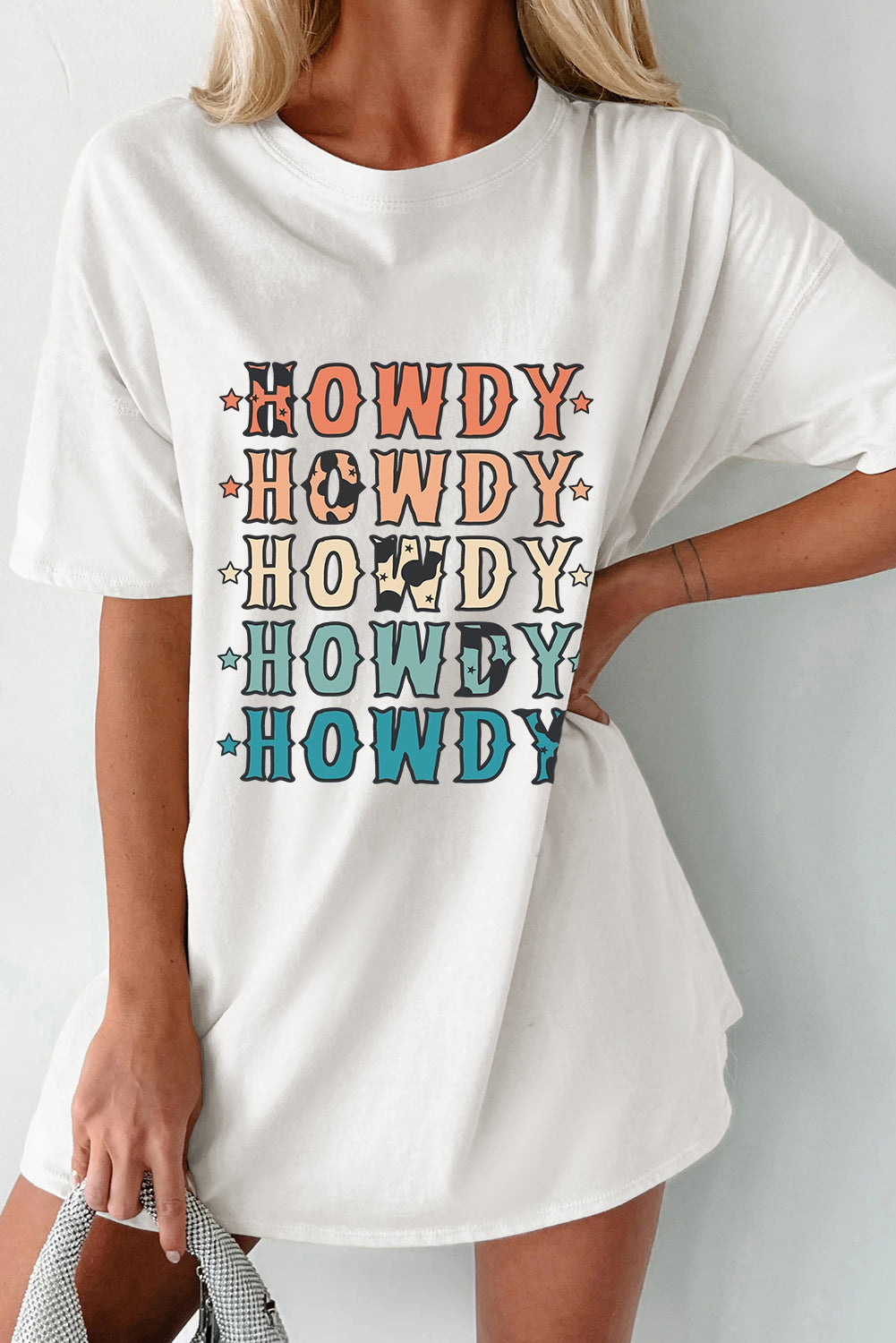 White HOWDY Stars Print Crew Neck Loose Fit T Shirt Graphic Tees JT's Designer Fashion