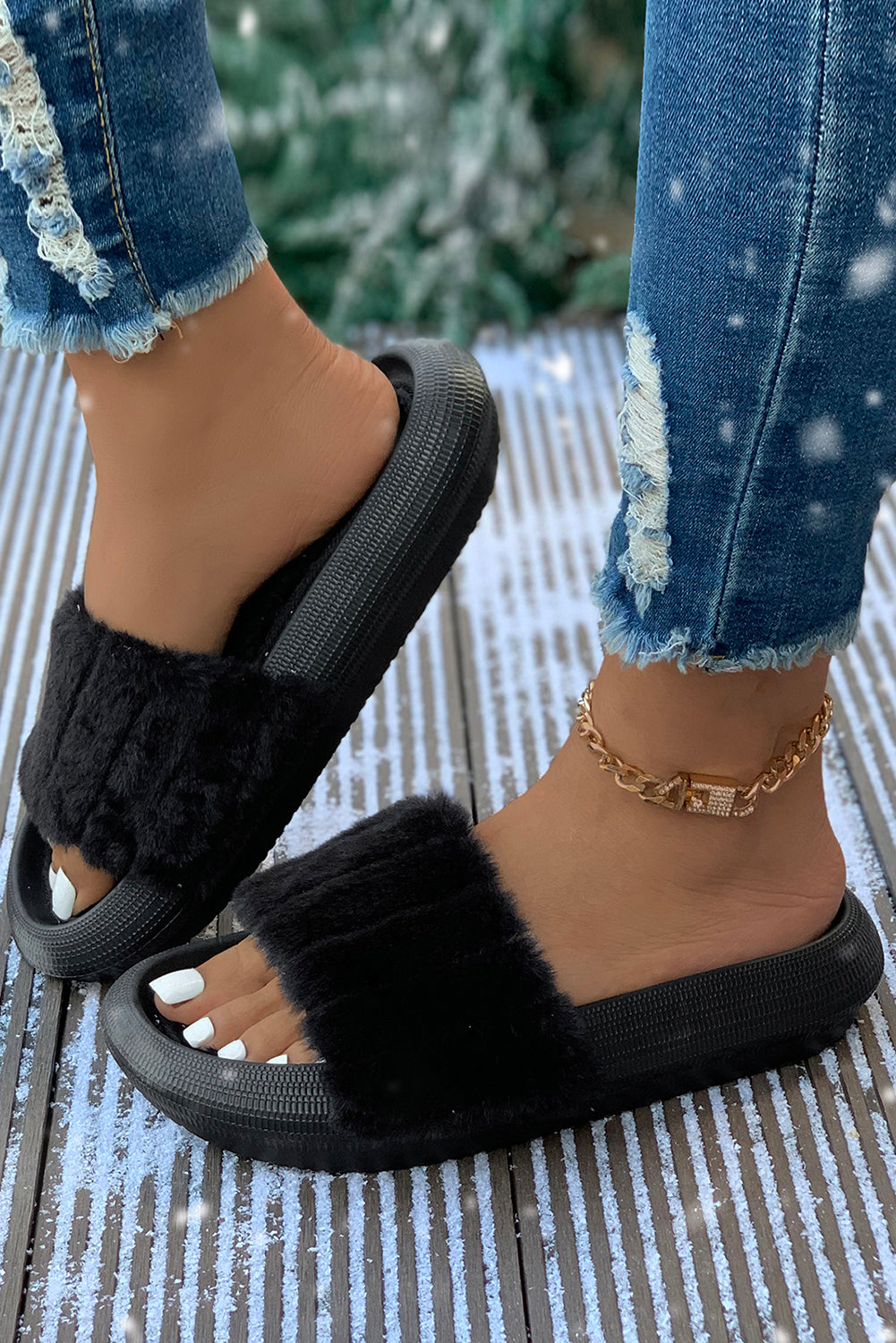 Black Plush Band Comfy Home Slippers Slippers JT's Designer Fashion