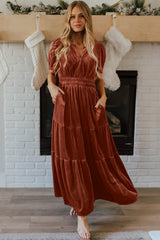 Chestnut Velvet Short Sleeve Shirred Waist Tiered Long Dress Maxi Dresses JT's Designer Fashion