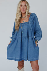 Dusk Blue Square Neck Side Pockets Loose Fit Denim Mini Dress Mini Dresses JT's Designer Fashion