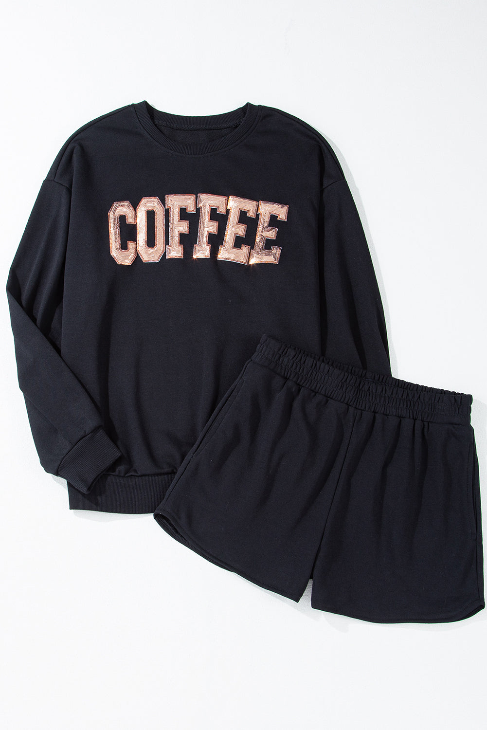 Black Sequined COFFEE Loose Fit Sweatshirt and Shorts Set Short Sets JT's Designer Fashion