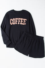 Black Sequined COFFEE Loose Fit Sweatshirt and Shorts Set Short Sets JT's Designer Fashion