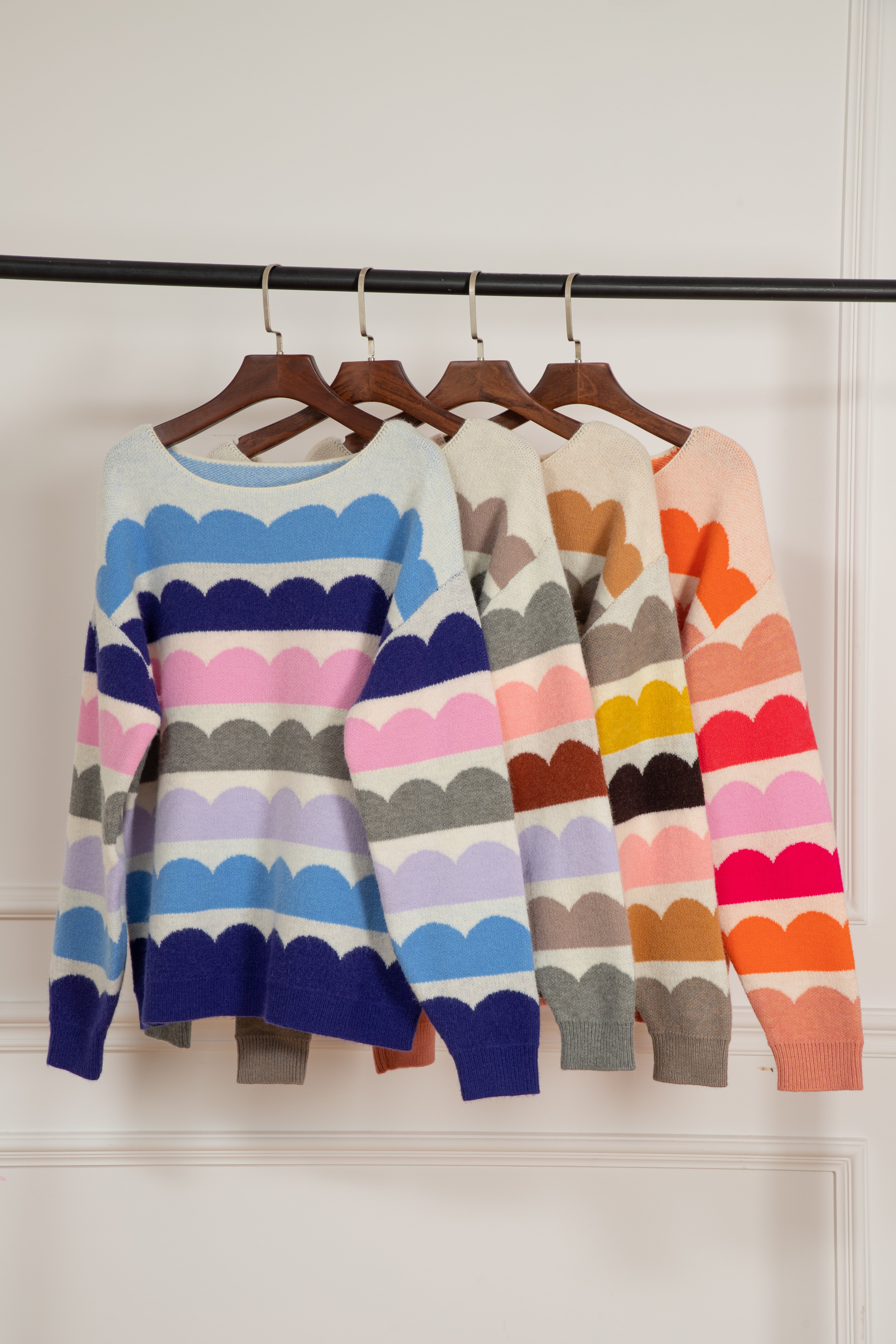 Gray Wave Striped Balloon Sleeve Drop Shoulder Sweater Sweaters JT's Designer Fashion