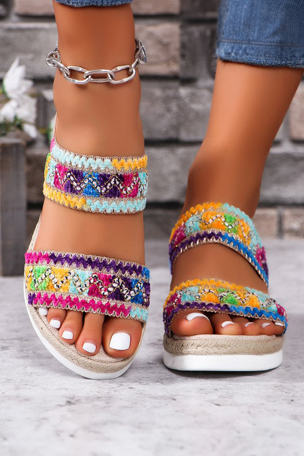 Multicolour Crochet Dual Band Wedge Slippers Slippers JT's Designer Fashion