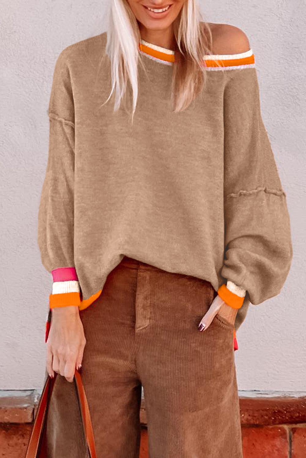 Parchment Colorblock Striped Trim Drop Shoulder Sweater Parchment 52%Viscose+26%Polyester+22%Polyamide Sweaters JT's Designer Fashion