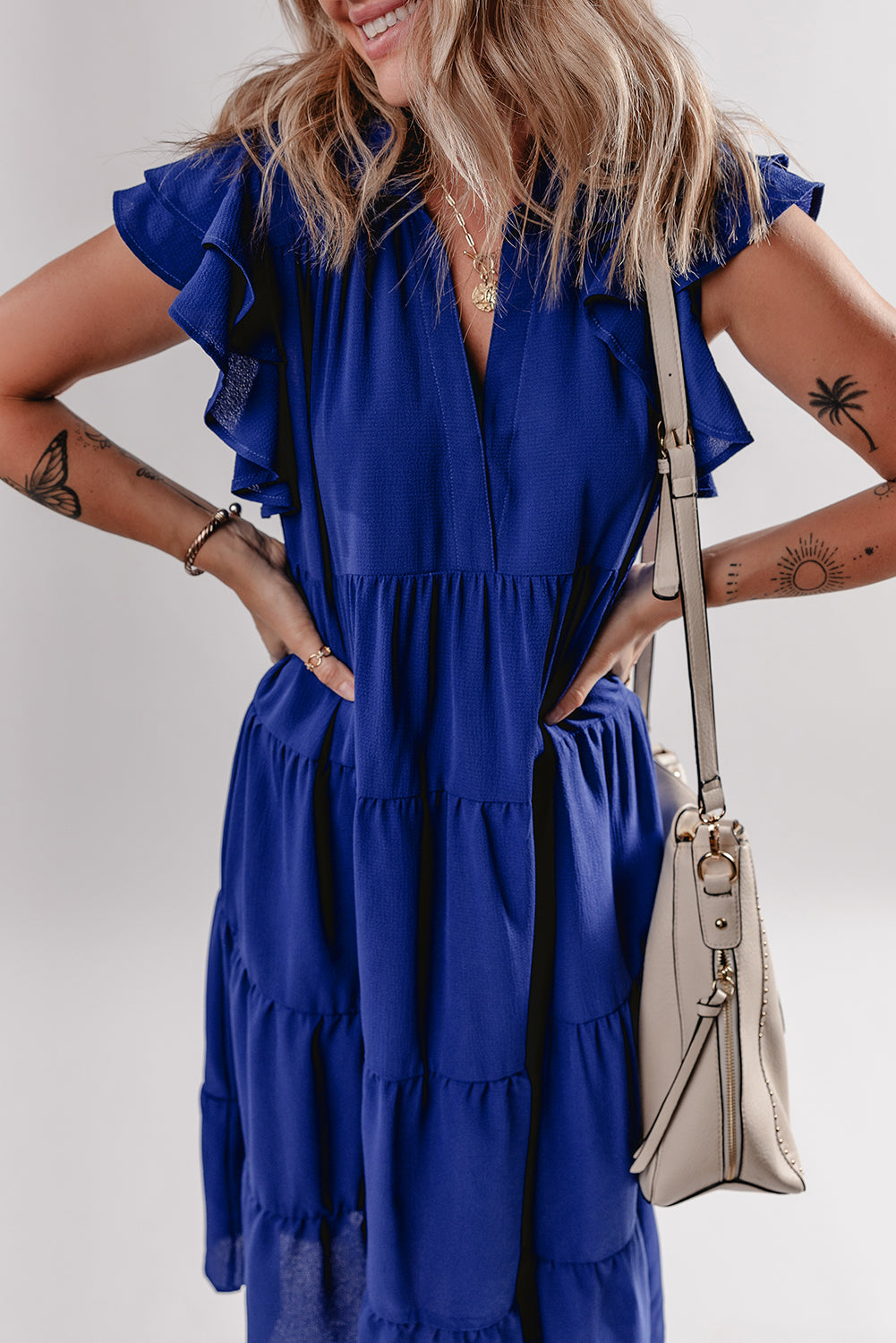 Bluing Ruffled Short Sleeve Collared V Neck Tiered Midi Dress Midi Dresses JT's Designer Fashion
