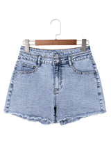 Beau Blue Rhinestone Light Wash Raw Hem High Waist Denim Shorts Denim Shorts JT's Designer Fashion