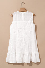 White Floral Eyelet Embroidered Sleeveless Shift Dress Mini Dresses JT's Designer Fashion