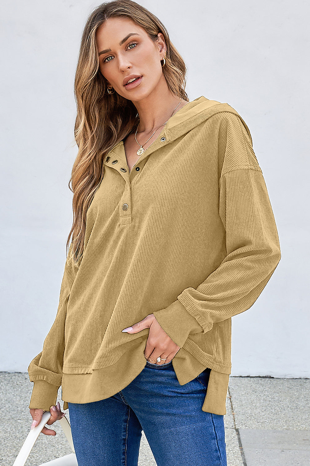 Simply Taupe Solid Ribbed Knit Buttoned Drop Shoulder Oversized Hoodie Sweatshirts & Hoodies JT's Designer Fashion