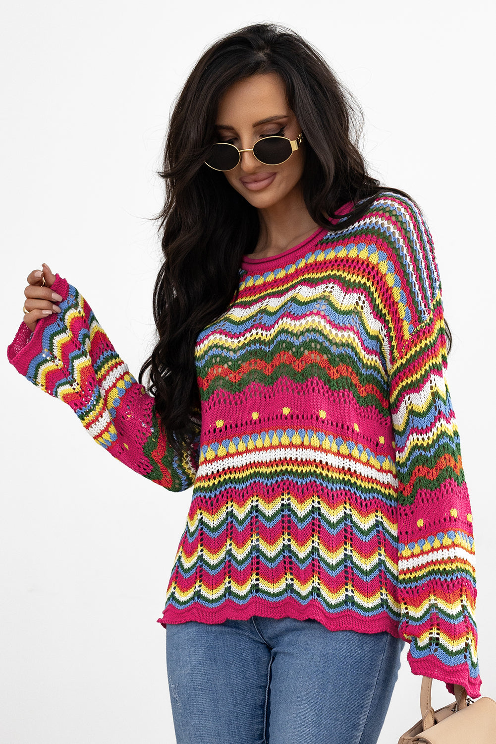 Rose Red Colorblock Striped Hollowed Knit Loose Sleeve Sweater Sweaters JT's Designer Fashion