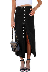 Black Button Fly Side Split High Waist Denim Midi Skirt Skirts & Petticoat JT's Designer Fashion
