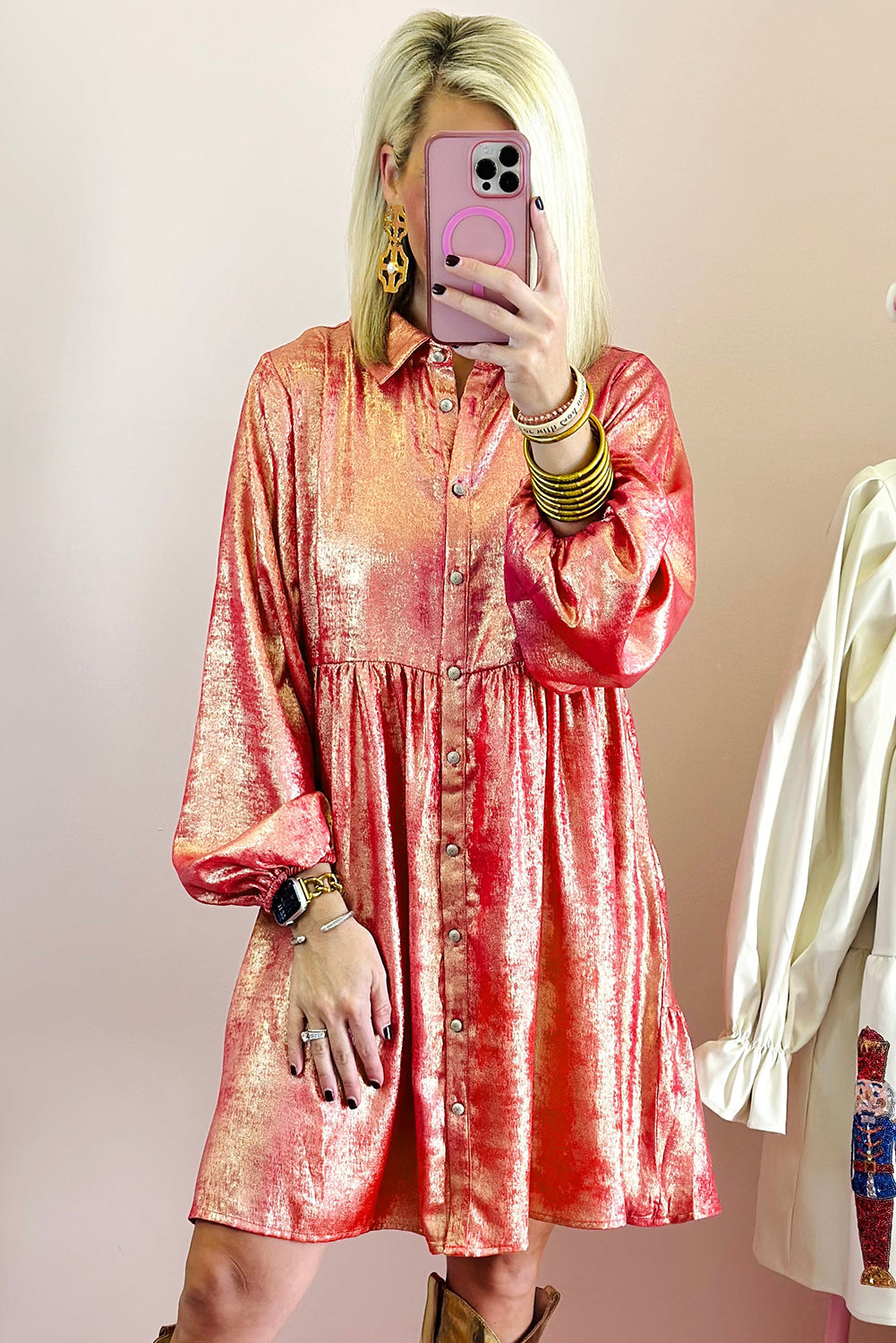 Peach Blossom Metallic Sheen Puff Sleeve Button Up Mini Shirt Dress Mini Dresses JT's Designer Fashion