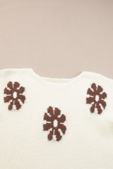 White Colorblock Floral Pattern Round Neck Sweater Sweaters JT's Designer Fashion