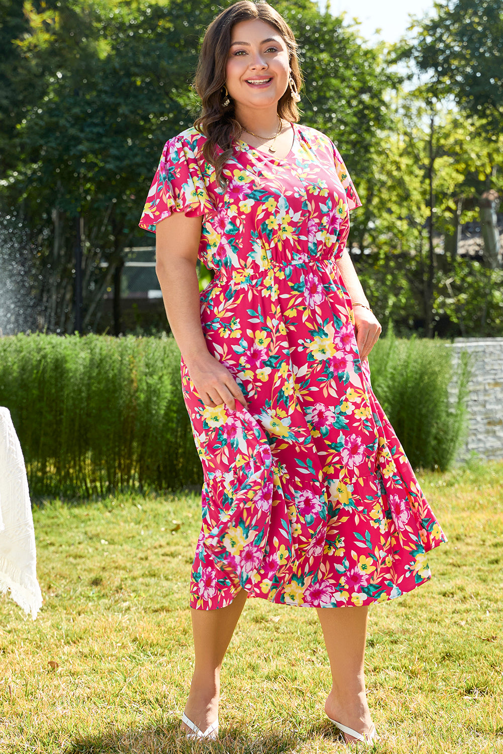 Pink Floral Print V Neck Pocketed High Waist Plus Size Midi Dress Plus Size Midi Dresses JT's Designer Fashion