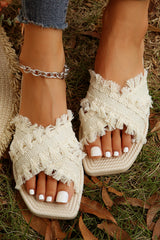Beige Tassel Woven Crossed Straps Flat Slippers Slippers JT's Designer Fashion