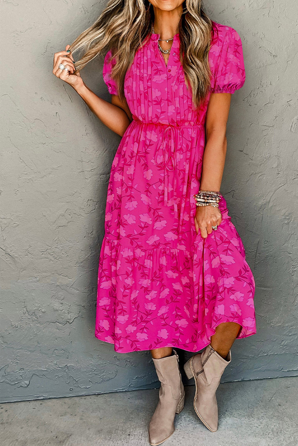 Rose Red Floral Print Pleated Drawstring Flowy Midi Dress Dresses JT's Designer Fashion