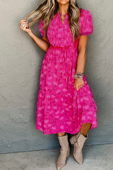 Rose Red Floral Print Pleated Drawstring Flowy Midi Dress Dresses JT's Designer Fashion