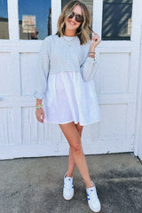 Sky Blue Stripe Patchwork Pleated High Waist Loose Mini Dress Mini Dresses JT's Designer Fashion