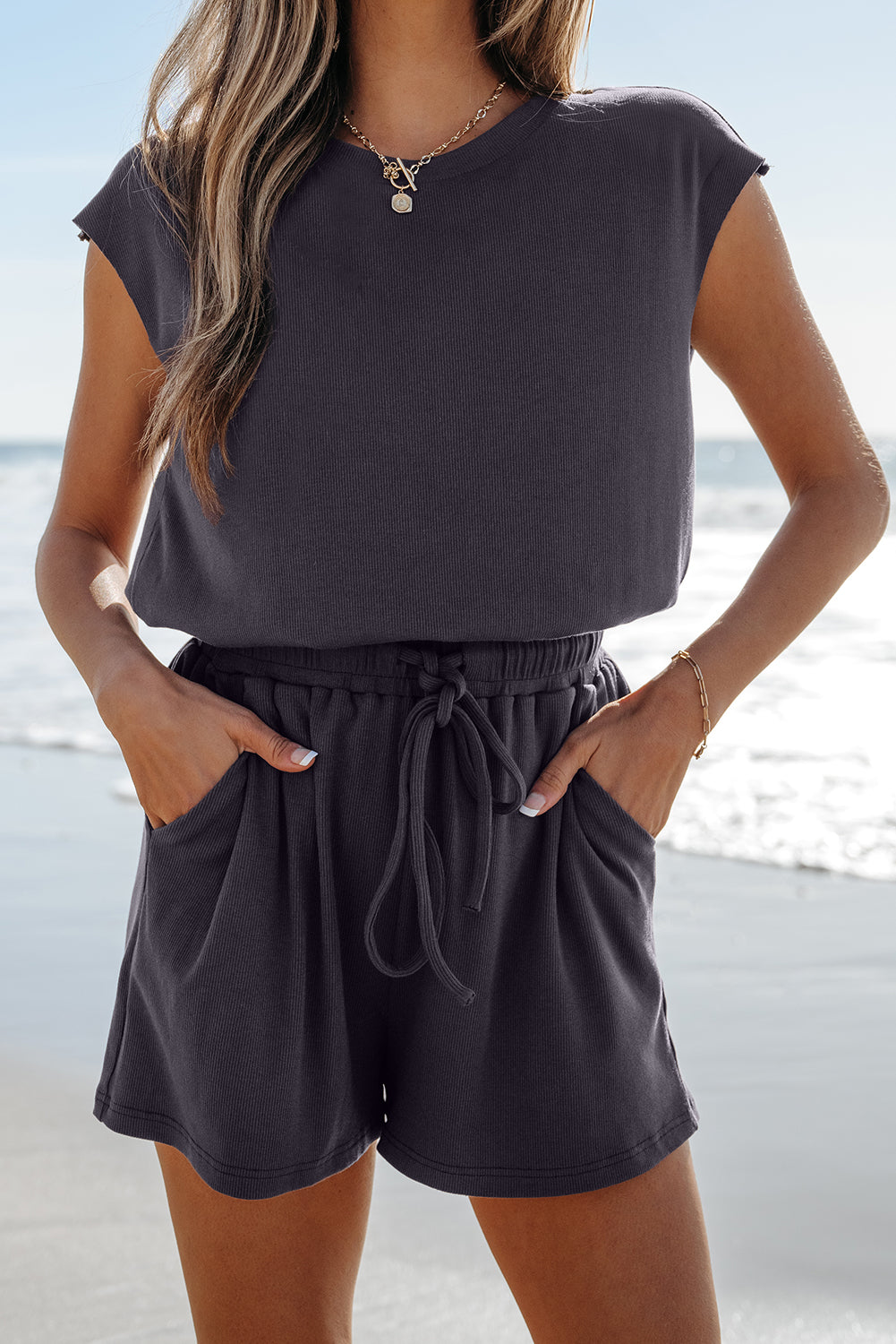 Bristol Black Knit Open Back Cap Sleeve Drawstring Romper Jumpsuits & Rompers JT's Designer Fashion