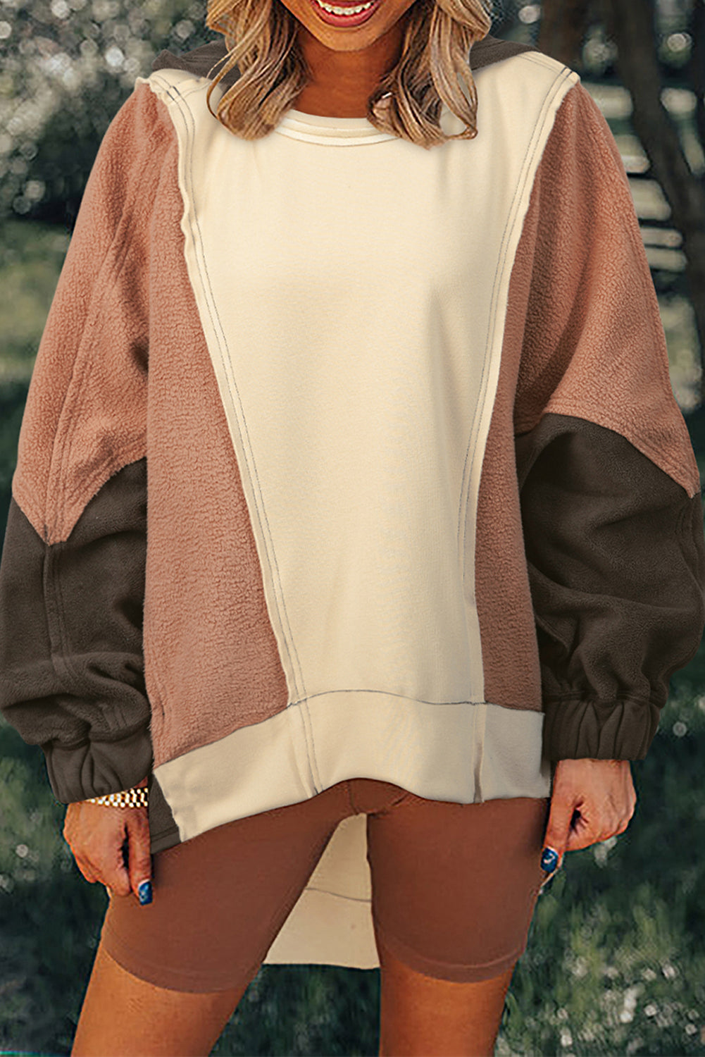 Beige Oversized Color Block Patchwork High Low Hoodie Sweatshirts & Hoodies JT's Designer Fashion