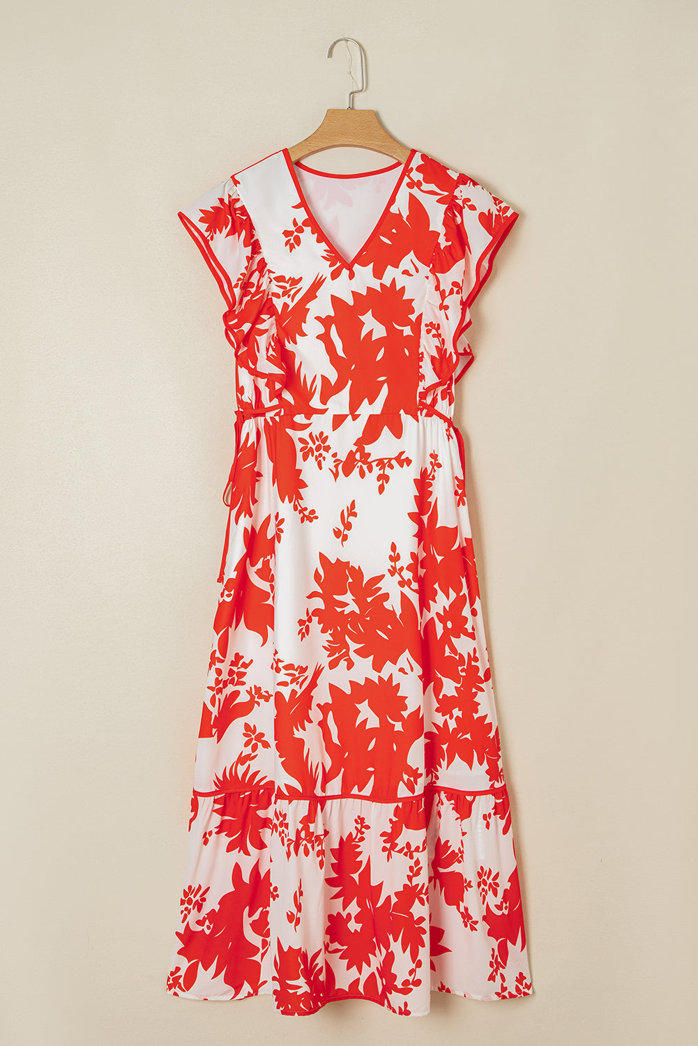 Red Floral Print Trimmed V Neck Ruffle Sleeve Long Dress Dresses JT's Designer Fashion